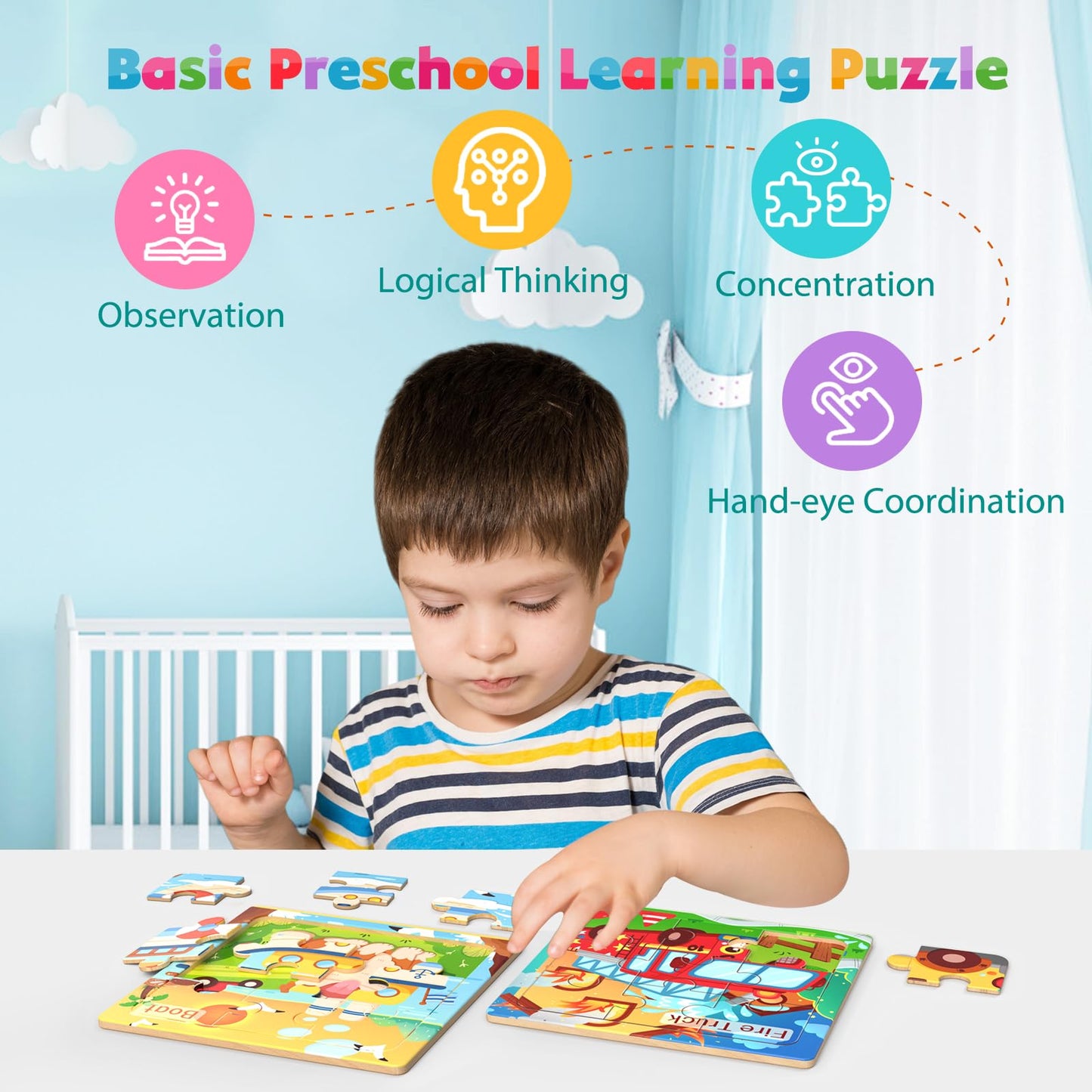 Zeoddler Wooden Vehicle Puzzles – 8-Pack for Toddlers (3-5) | Montessori Learning Toys