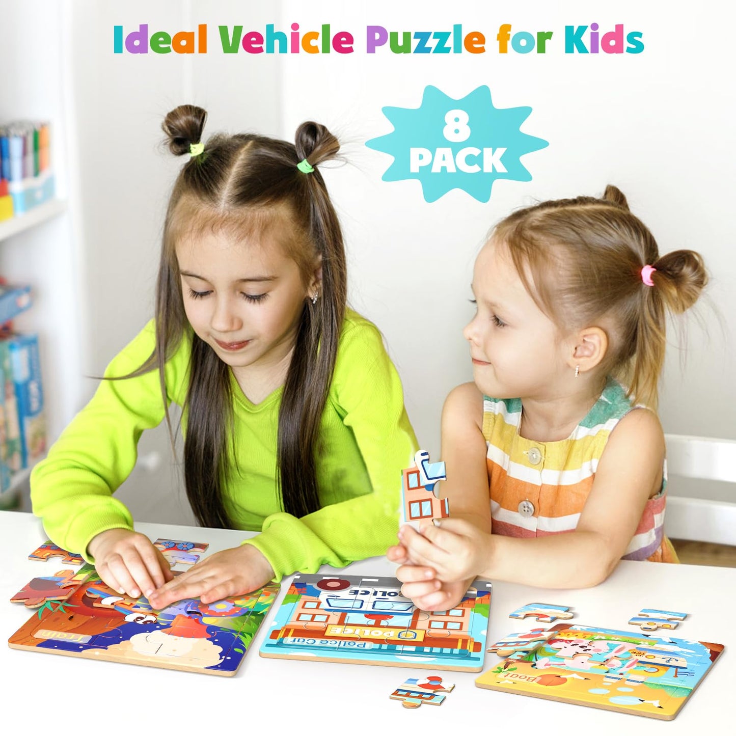 Zeoddler Wooden Vehicle Puzzles – 8-Pack for Toddlers (3-5) | Montessori Learning Toys