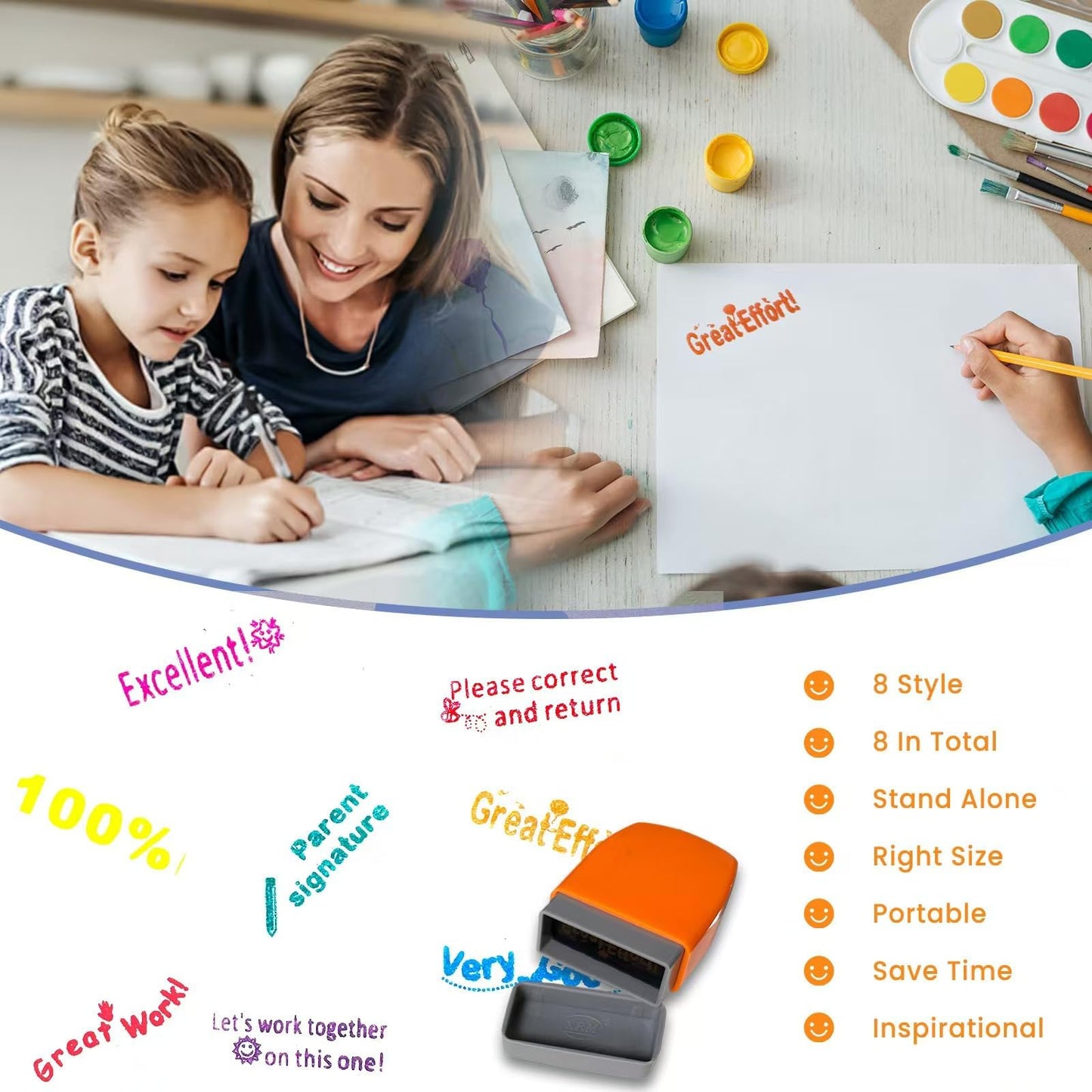 Zeokiar Teacher Stamps – 8-Piece Self-Inking Set with Motivational Messages