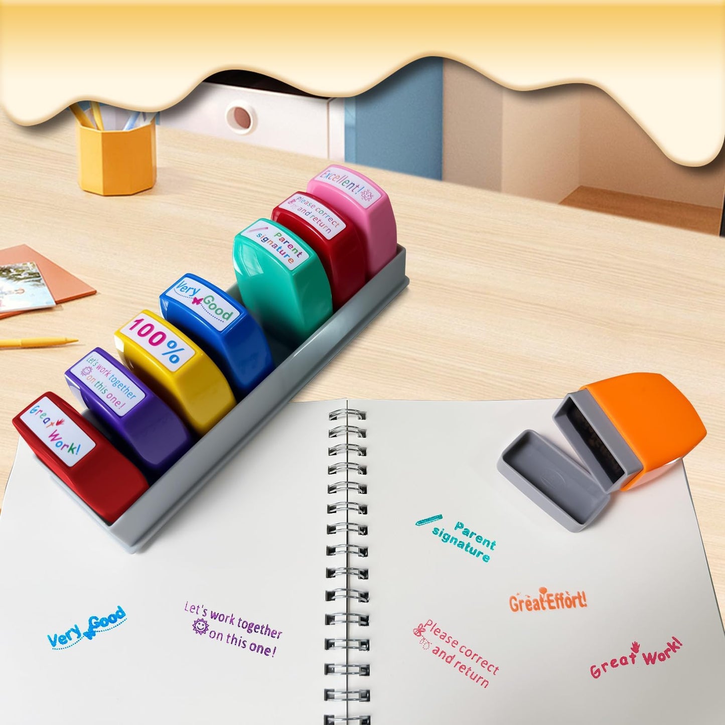 Zeokiar Teacher Stamps – 8-Piece Self-Inking Set with Motivational Messages