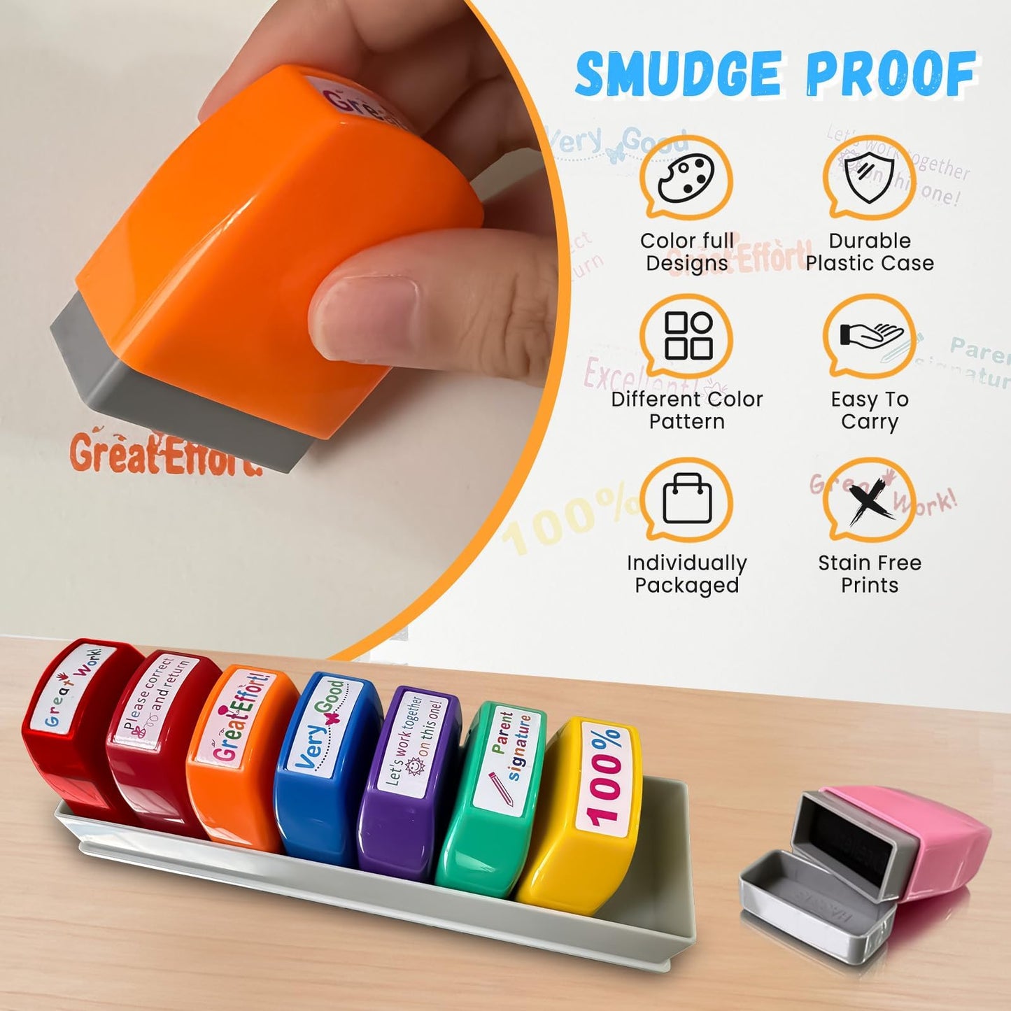 Zeokiar Teacher Stamps – 8-Piece Self-Inking Set with Motivational Messages