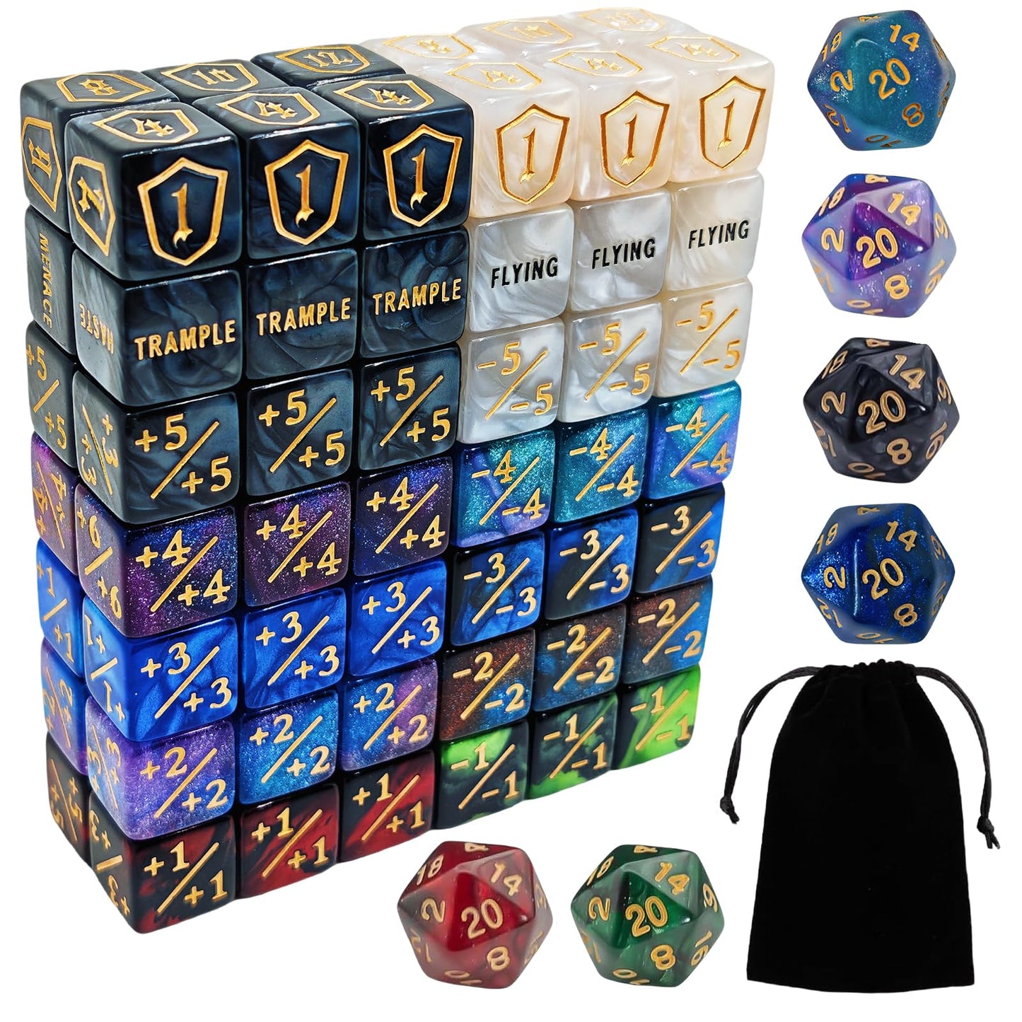 ZEOXUER 90 PCS MTG Counter Dice Set – Life Counters, +1/-1, Shield Dice, Marble D6, Black Pouch