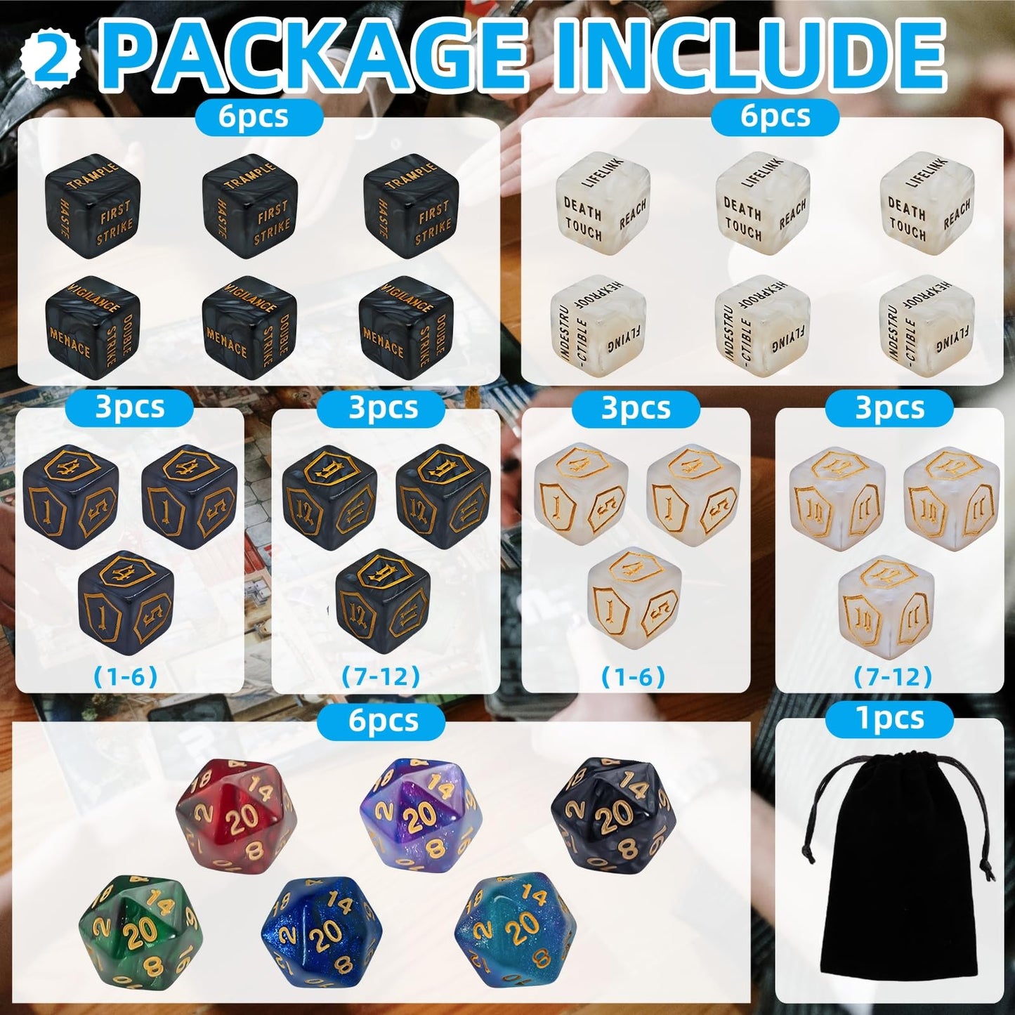 ZEOXUER 90 PCS MTG Counter Dice Set – Life Counters, +1/-1, Shield Dice, Marble D6, Black Pouch