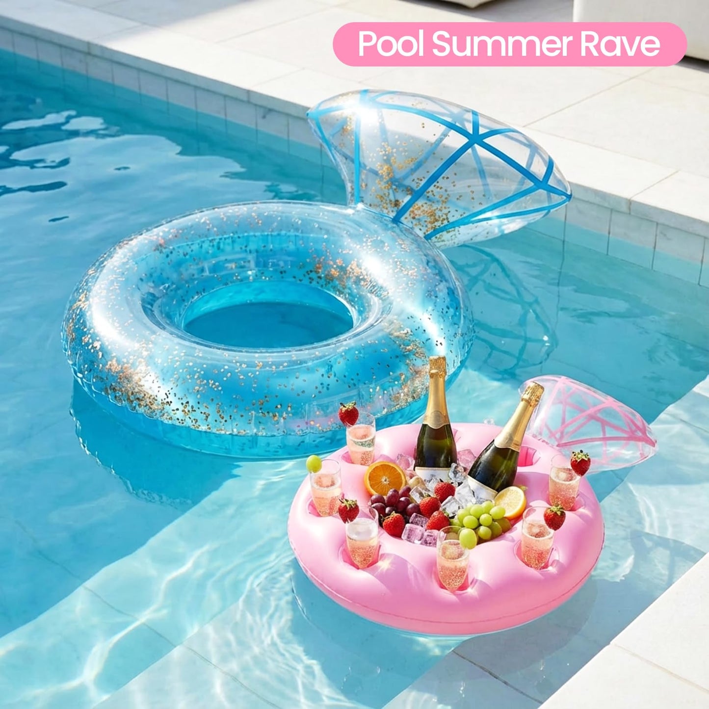 Zeraty 2 Pcs Inflatable Diamond Ring Float with 8 Cup Holders – Pool Party Bar