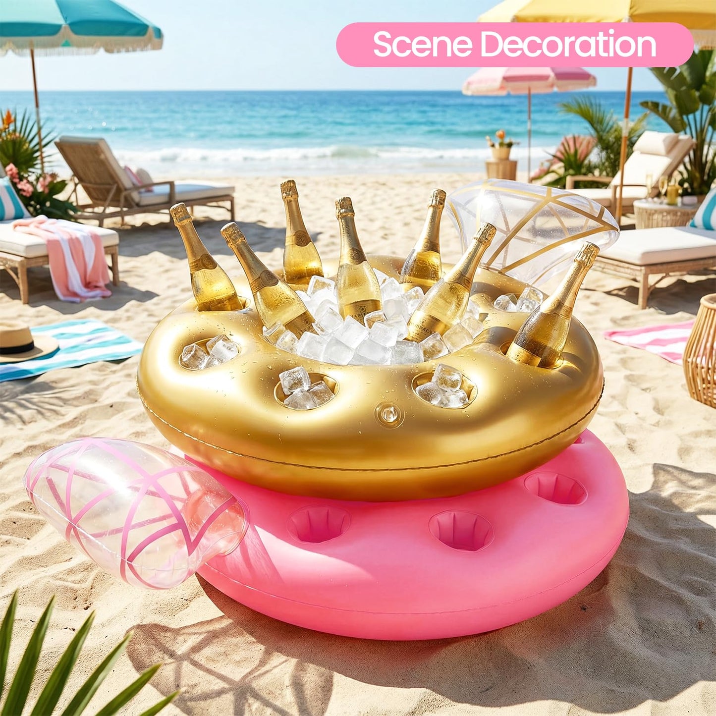 Zeraty 2 Pcs Inflatable Diamond Ring Float with 8 Cup Holders – Pool Party Bar