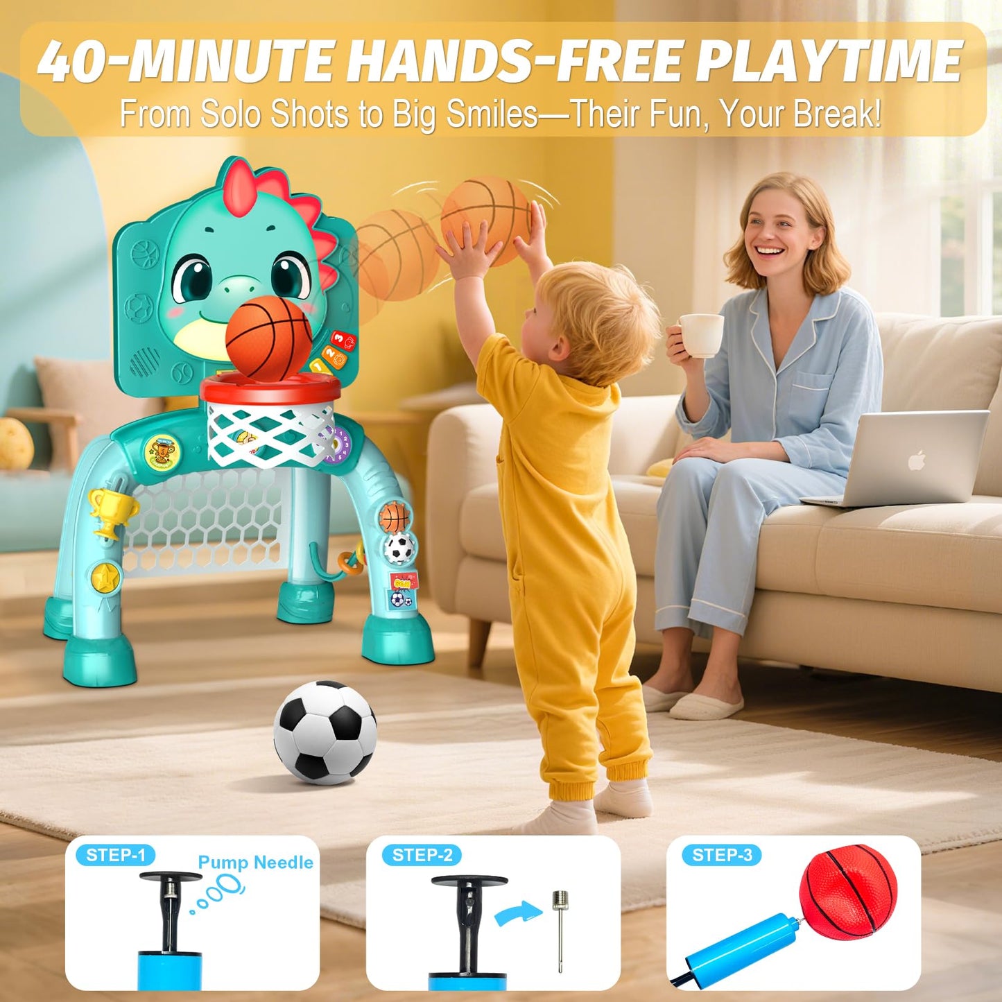 Zerhunt 4-in-1 Dinosaur Sports Center for Toddlers | Motor Skills, Lights & Music