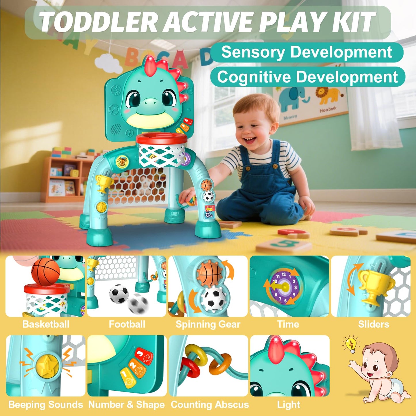 Zerhunt 4-in-1 Dinosaur Sports Center for Toddlers | Motor Skills, Lights & Music