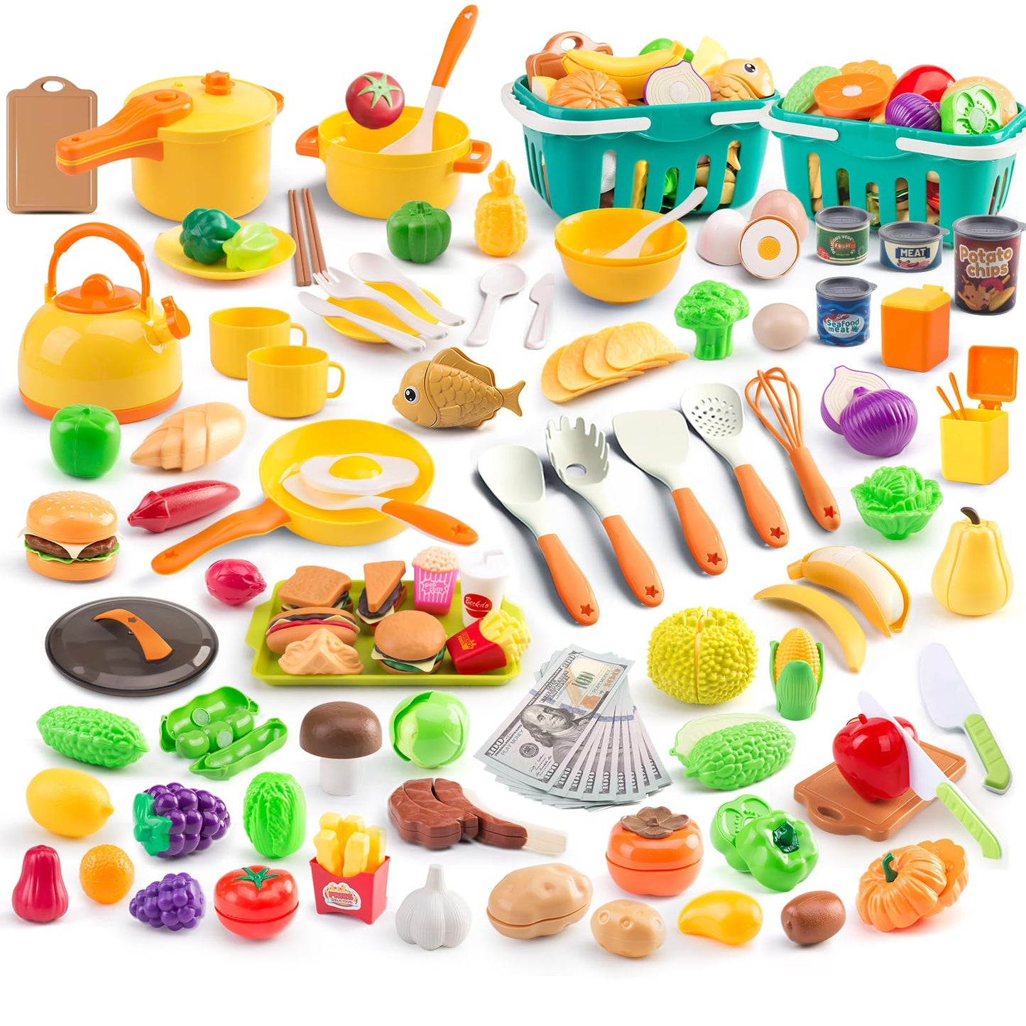 Zero Zoo 240Pcs Kids Mini Play Kitchen Set – Pans, Pots, Veggies, BBQ & Storage Basket