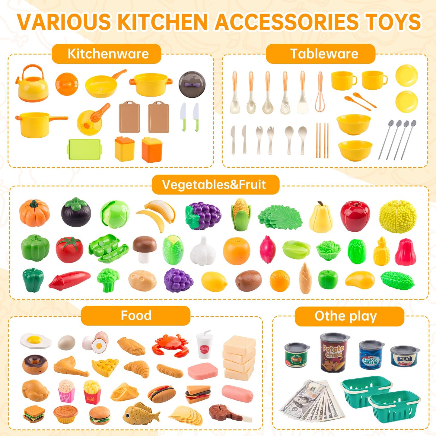 Zero Zoo 240Pcs Kids Mini Play Kitchen Set – Pans, Pots, Veggies, BBQ & Storage Basket