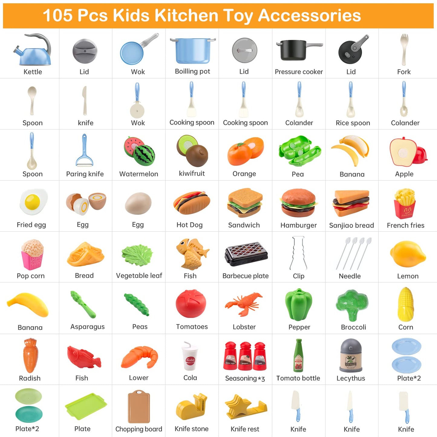 Zero Zoo 105-Piece Kids Kitchen Toy Set | Pretend Play Pots, Pans & Food