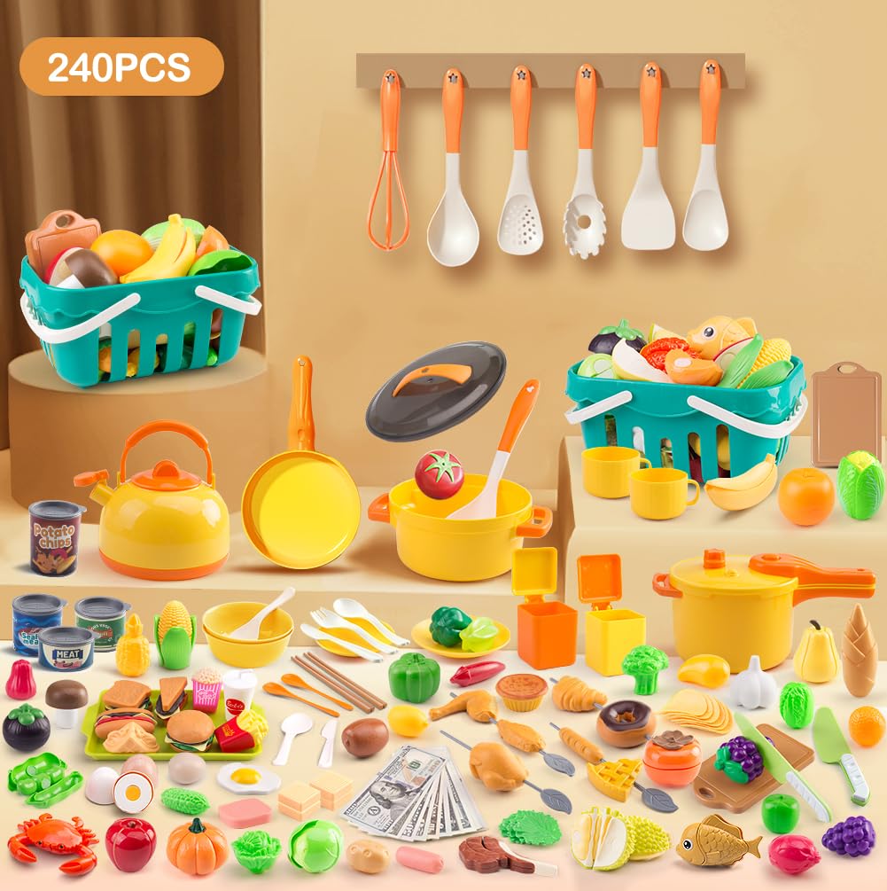 Zero Zoo 240Pcs Kids Mini Play Kitchen Set – Pans, Pots, Veggies, BBQ & Storage Basket