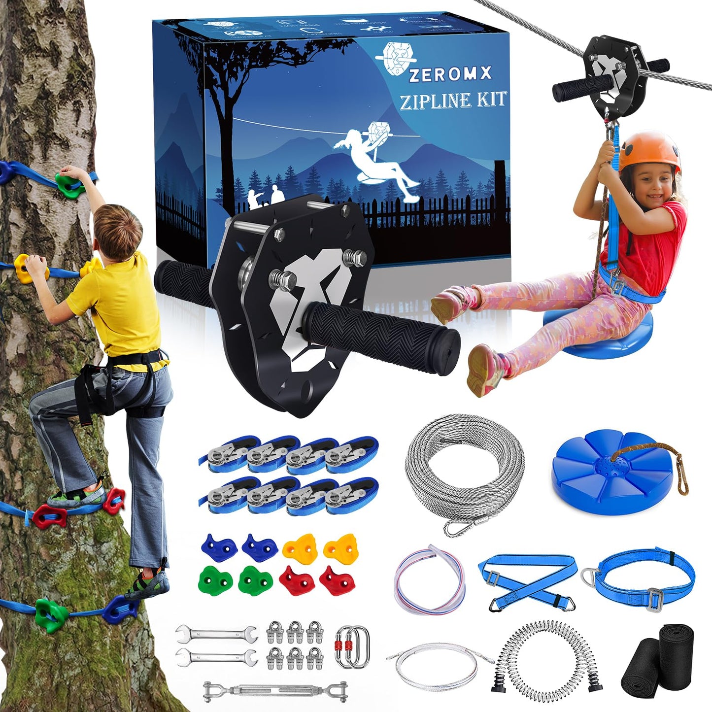 ZEROMX 110FT Zip Line Kit for Backyard | Up to 360 lbs, Safe Family Fun