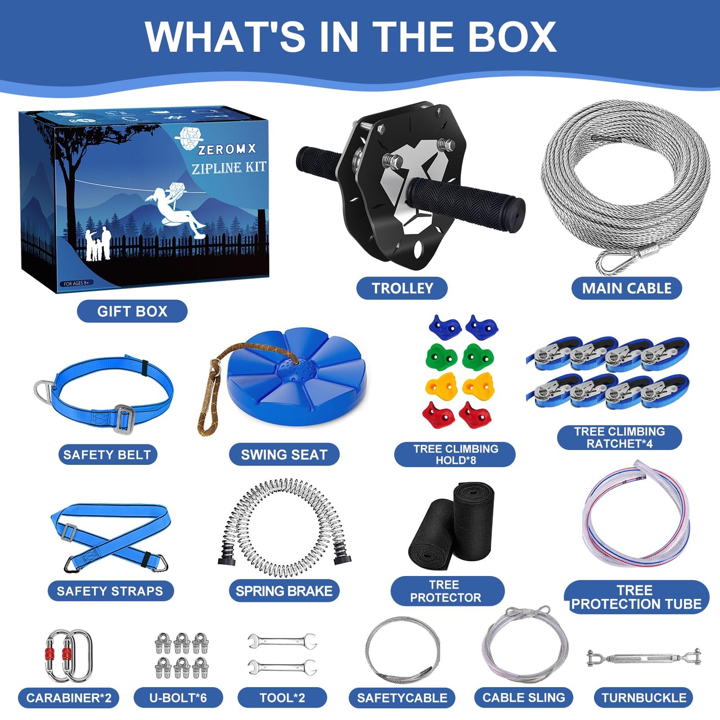 ZEROMX 110FT Zip Line Kit for Backyard | Up to 360 lbs, Safe Family Fun