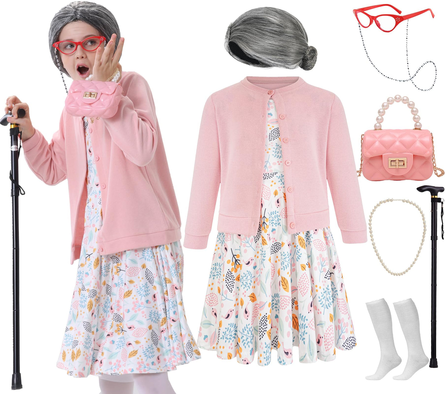 ZeroShop 100 Days of School Old Lady Costume for Girls – Granny Dress Up Set (Pink)