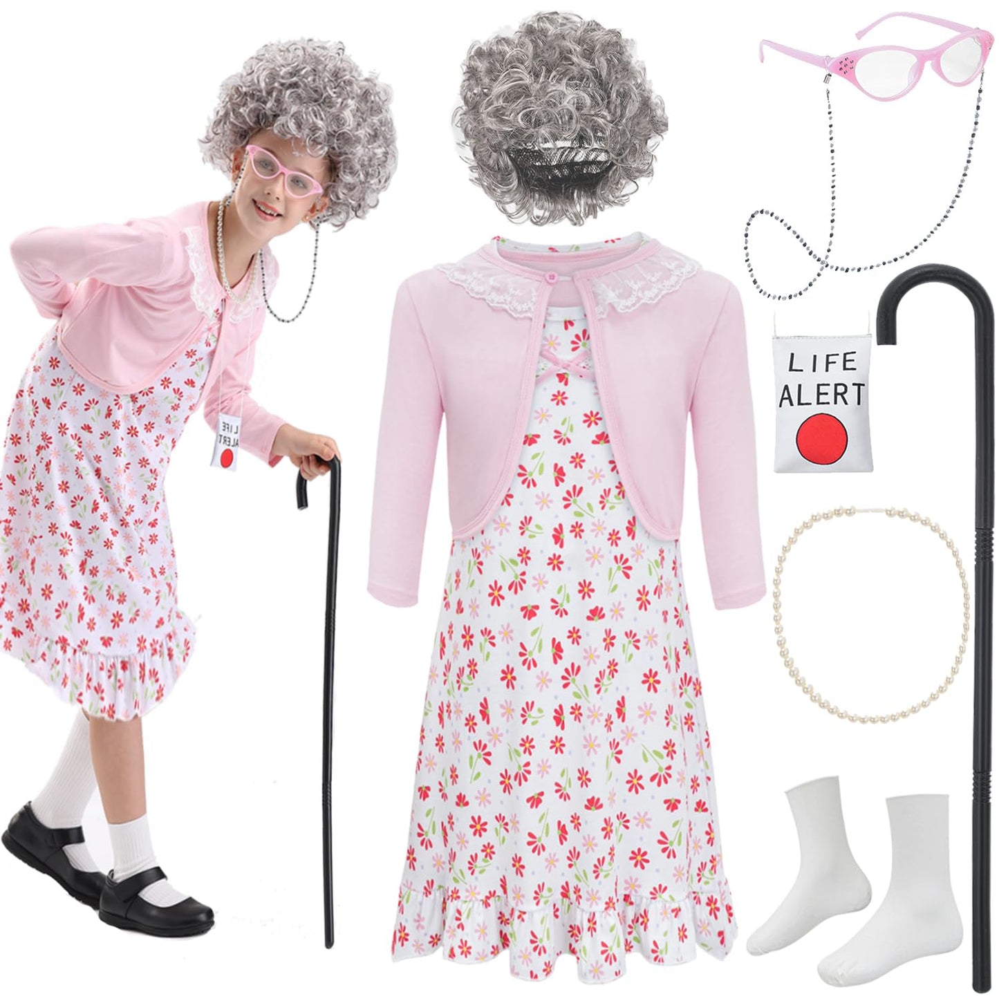 ZeroShop 100th Day Old Lady Costume Set for Kids – Granny Dress & Accessories