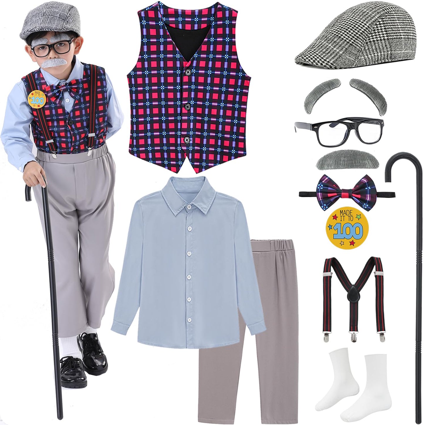 ZeroShop Old Man Costume for Kids – 100th Day Dress Up Kit with Hat, Glasses & Accessories