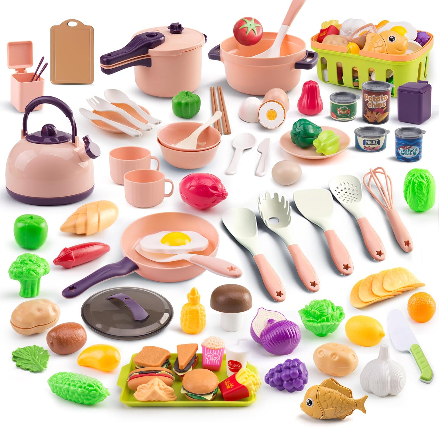 Zero Zoo 120Pcs Mini Play Kitchen Accessories – Desserts, Veggies, BBQ & Storage Basket