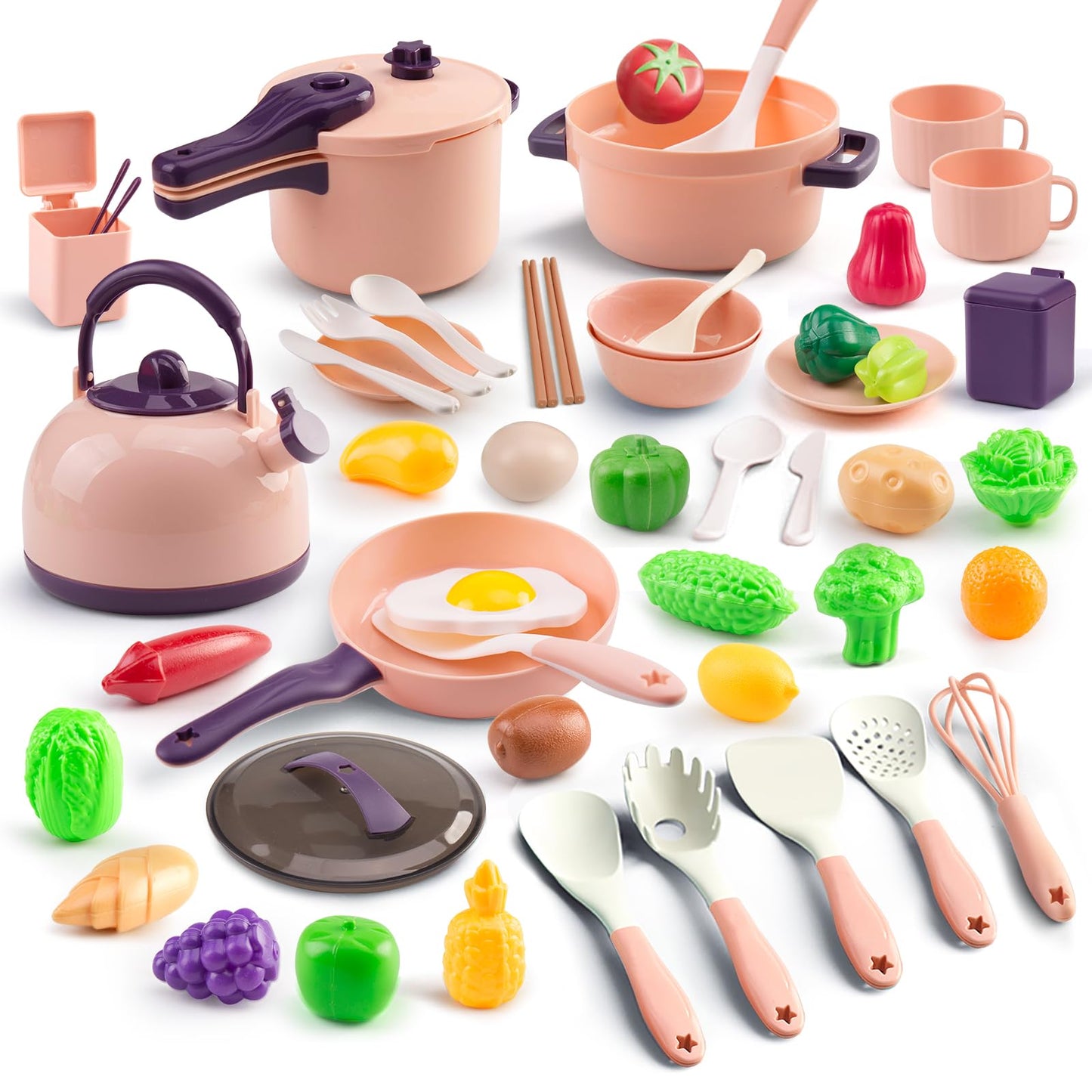 Zero Zoo 60Pcs Kids Mini Play Kitchen Accessories – Pink Cookware & Tableware Set