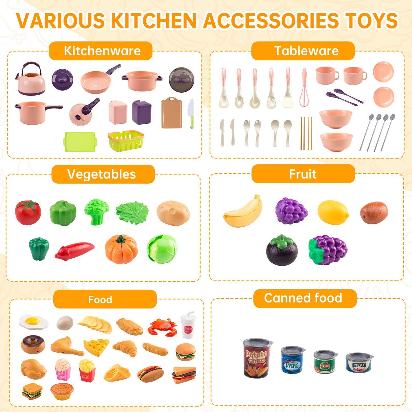 Zero Zoo 120Pcs Mini Play Kitchen Accessories – Desserts, Veggies, BBQ & Storage Basket