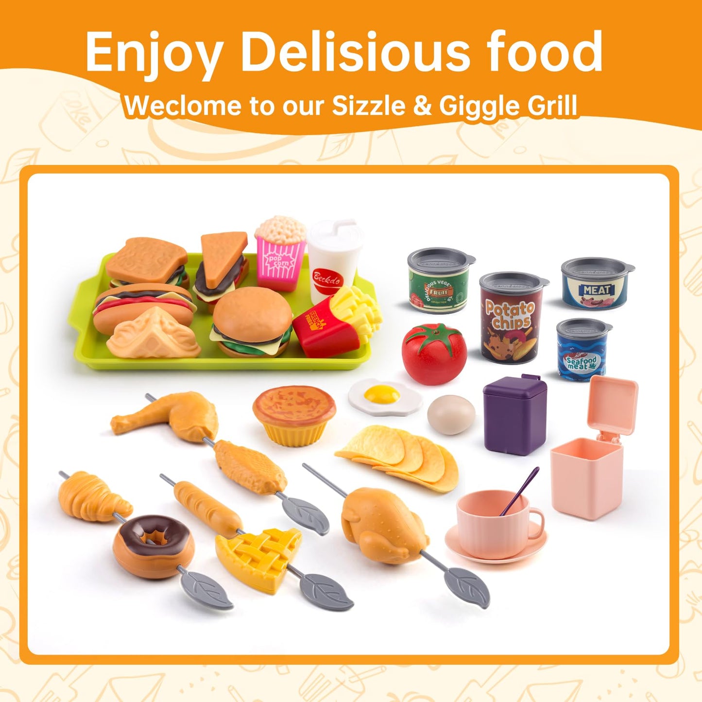 Zero Zoo 120Pcs Mini Play Kitchen Accessories – Desserts, Veggies, BBQ & Storage Basket