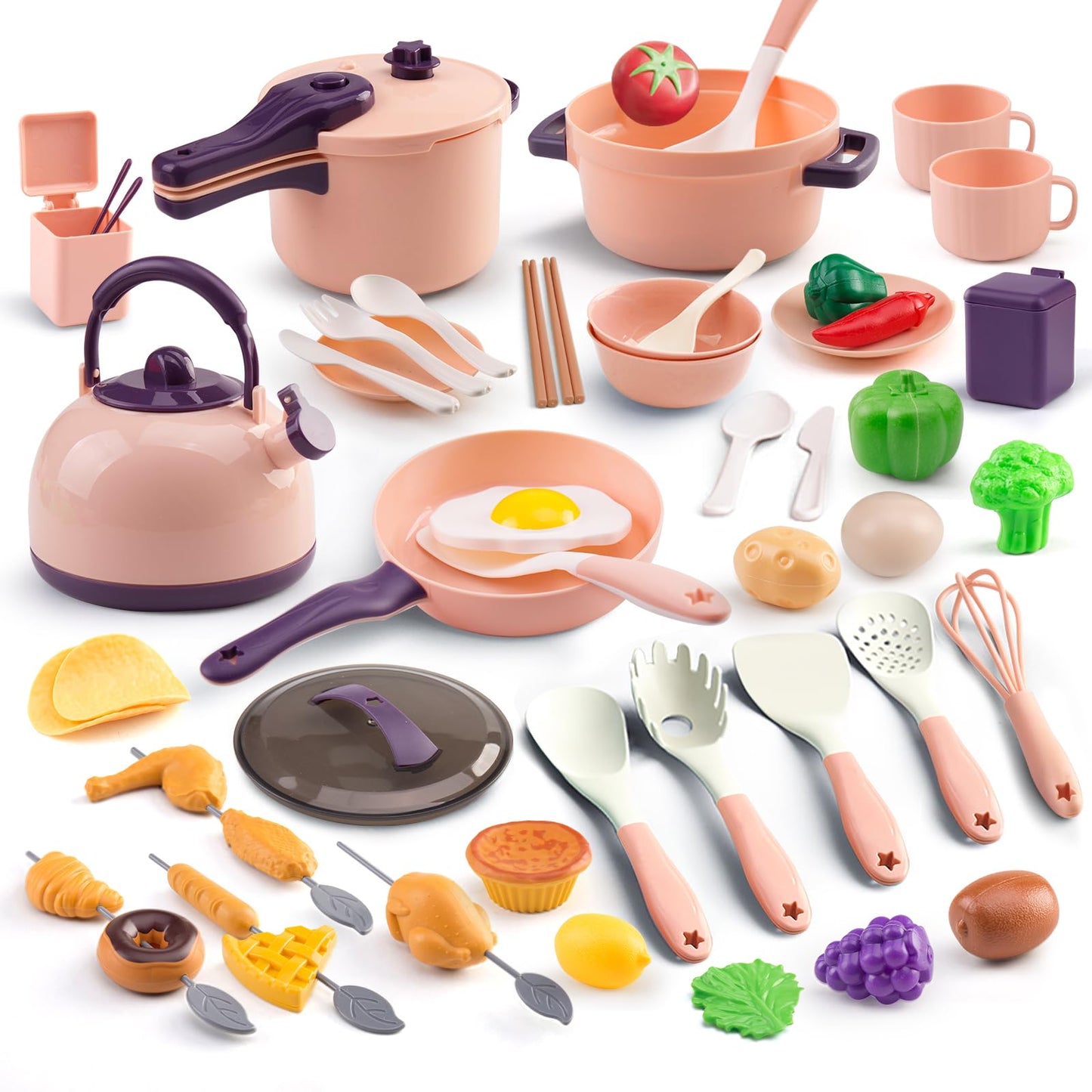 Zero Zoo 60Pcs Kids Mini Play Kitchen Accessories – Pink Cookware & Tableware Set