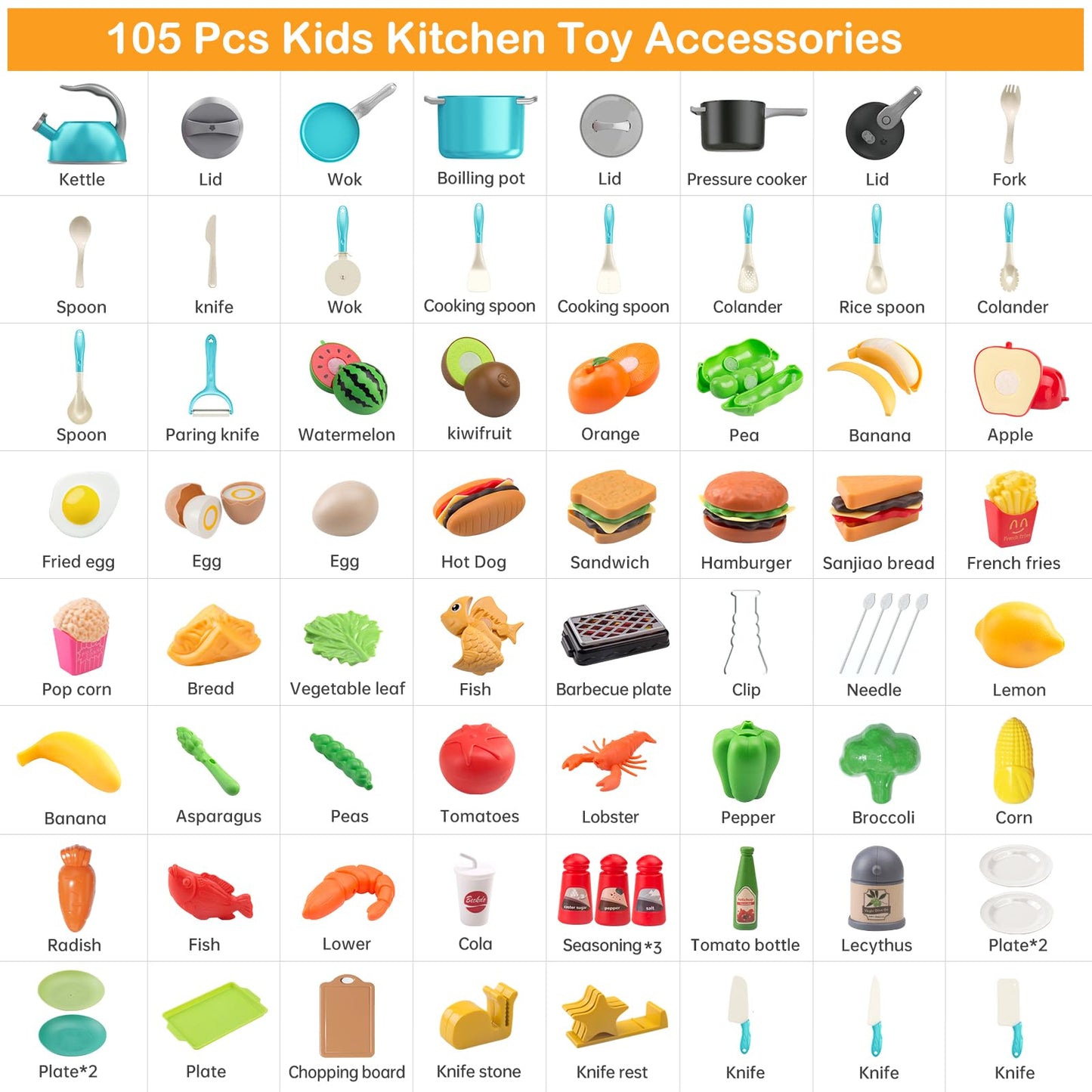 Zero Zoo 105Pcs Kids Kitchen Toy Accessories – Turquoise Pretend Play Set