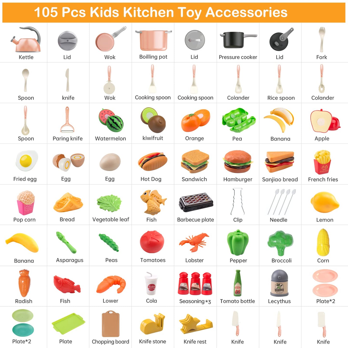 Zero Zoo 105-Piece Kids Kitchen Toy Set – Pretend Play Kitchen, BBQ & Cooking Accessories for Kids