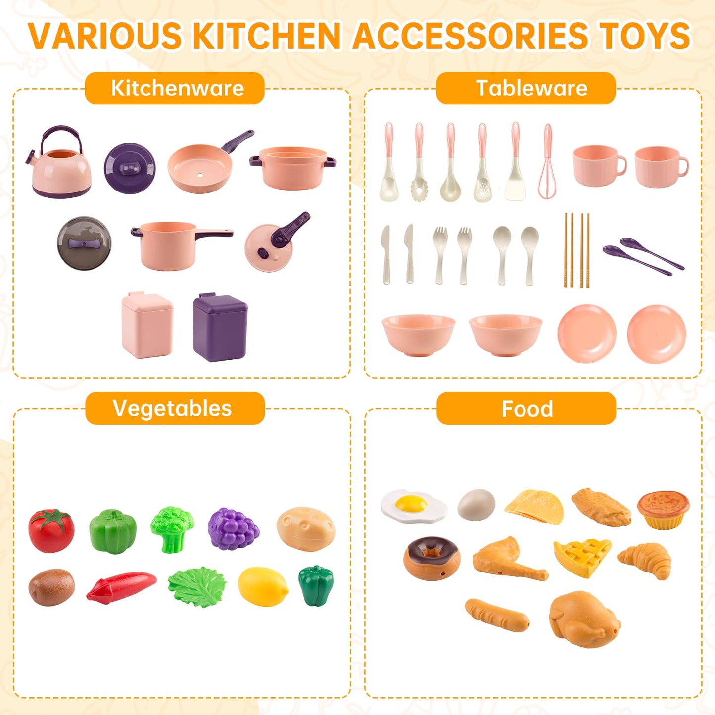 Zero Zoo 60Pcs Kids Mini Play Kitchen Accessories – Pink Cookware & Tableware Set