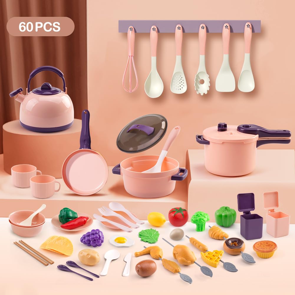 Zero Zoo 60Pcs Kids Mini Play Kitchen Accessories – Pink Cookware & Tableware Set