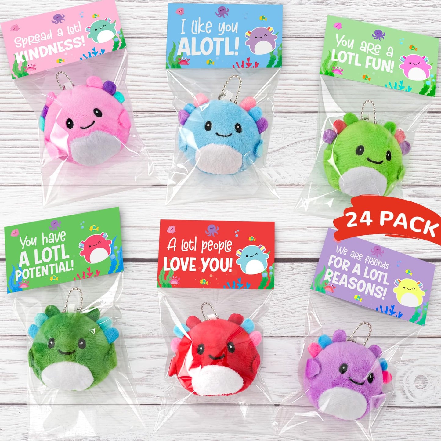 Zesua 24-Pack Axolotl Plush Keychains with Valentines Cards – Kids Gifts, Classroom Prizes & Party Favors