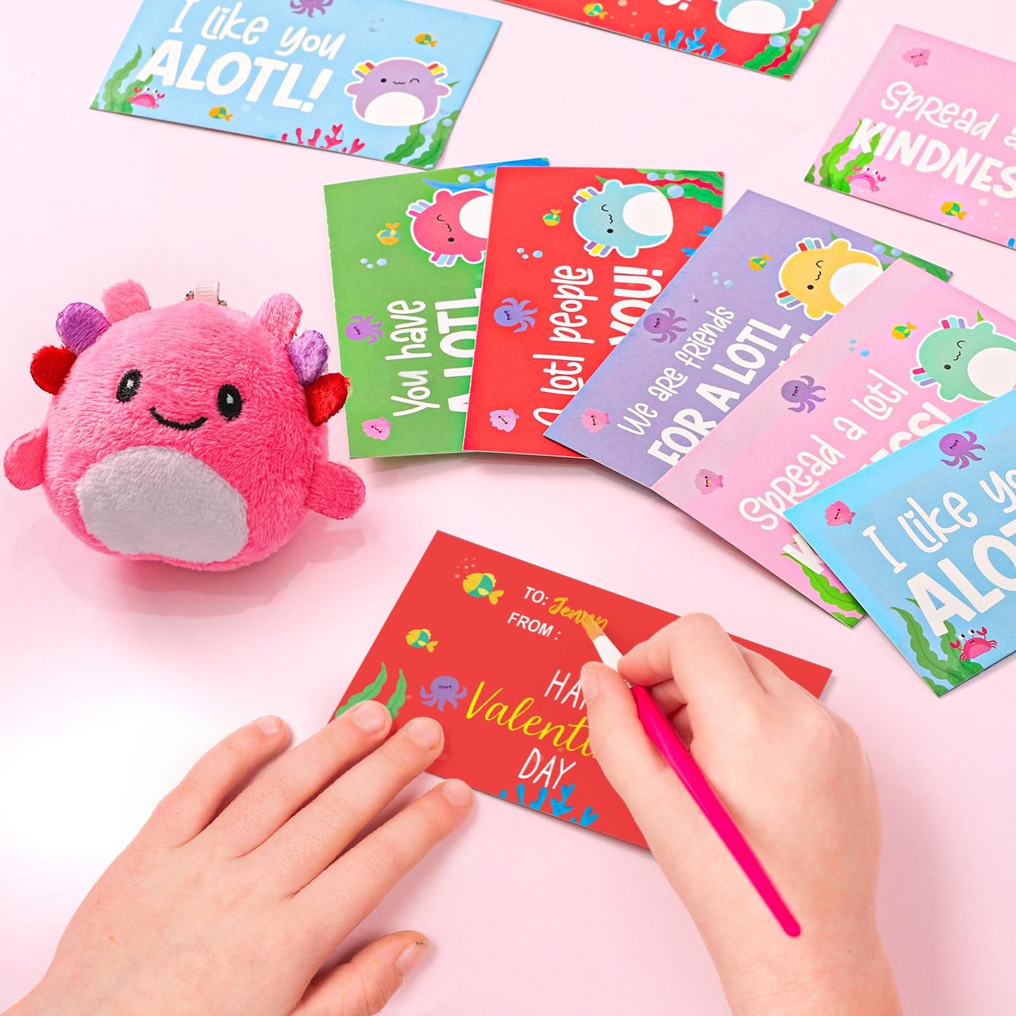 Zesua 24-Pack Axolotl Plush Keychains with Valentines Cards – Kids Gifts, Classroom Prizes & Party Favors