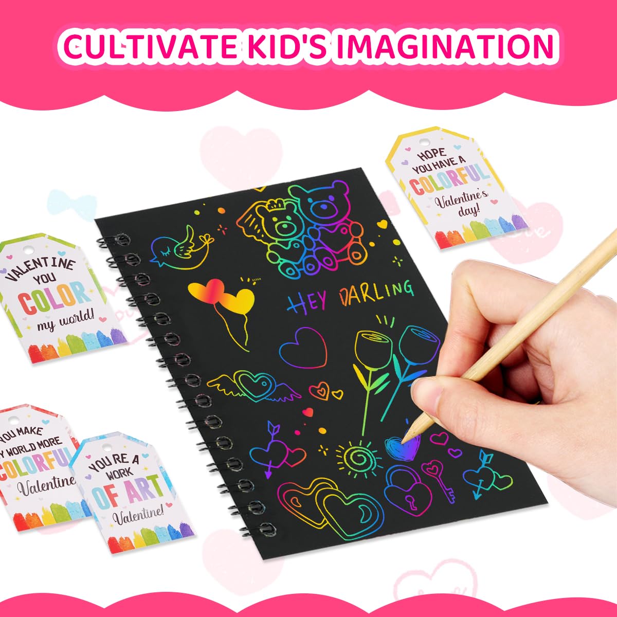 Zesua Rainbow Scratch Art Notebook 24-Pack — Valentines Day Gifts for Kids