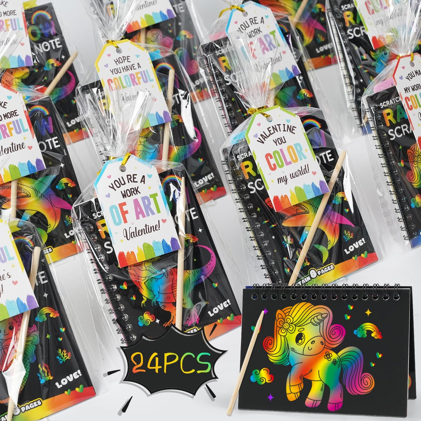Zesua Rainbow Scratch Art Notebook 24-Pack — Valentines Day Gifts for Kids