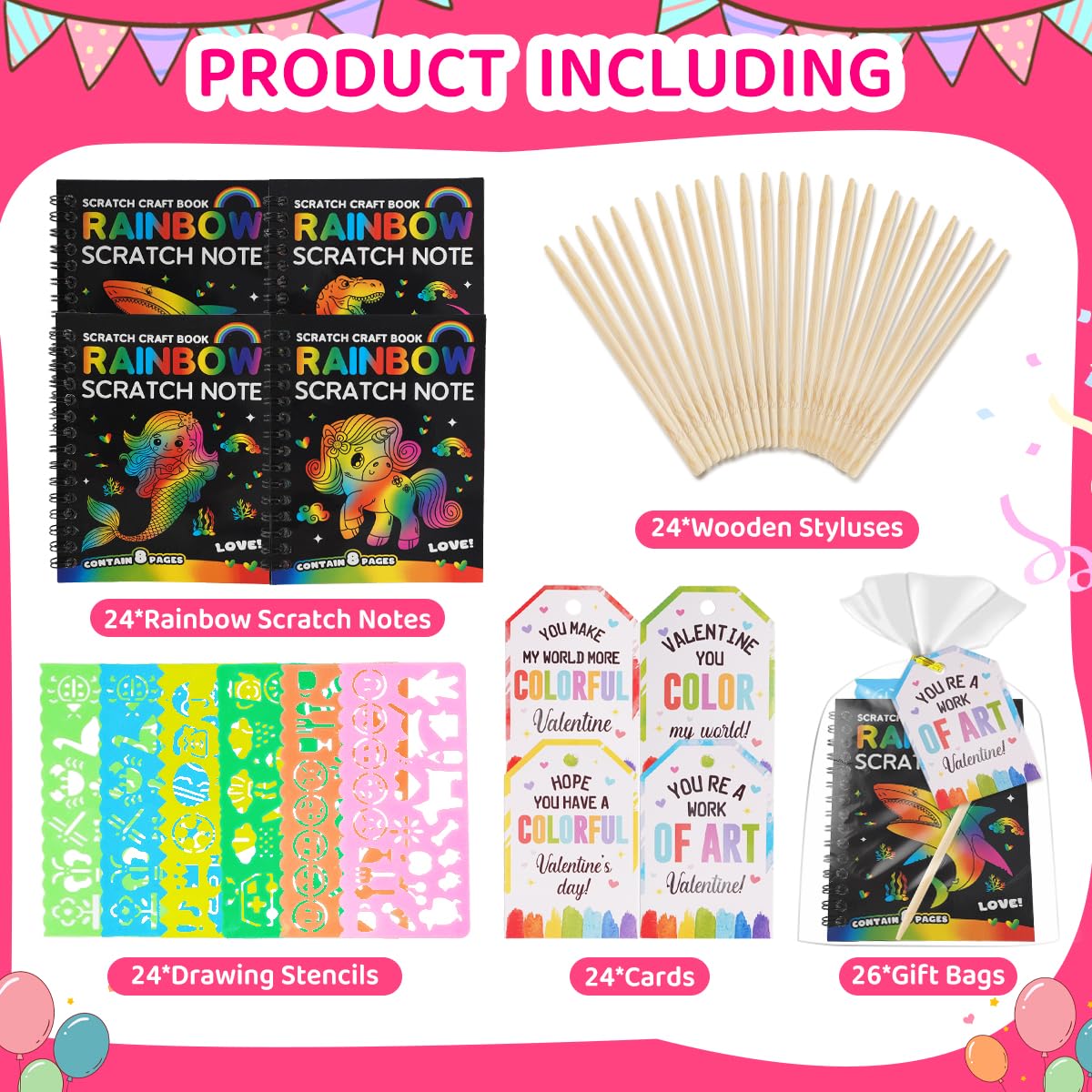 Zesua Rainbow Scratch Art Notebook 24-Pack — Valentines Day Gifts for Kids