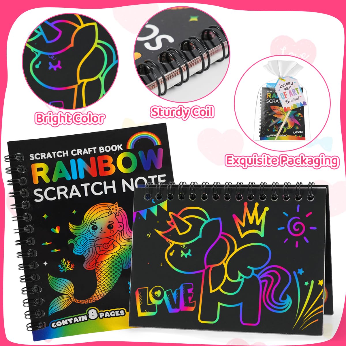 Zesua Rainbow Scratch Art Notebook 24-Pack — Valentines Day Gifts for Kids
