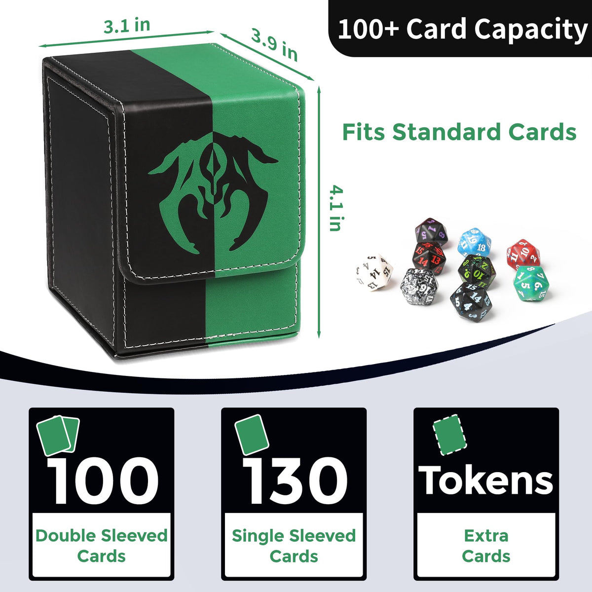Zettokete Magnetic Card Deck Box – 100+ Double-Sleeved Capacity, 2 Dividers, PU Leather, MTG Commander Fits (Black/Green)