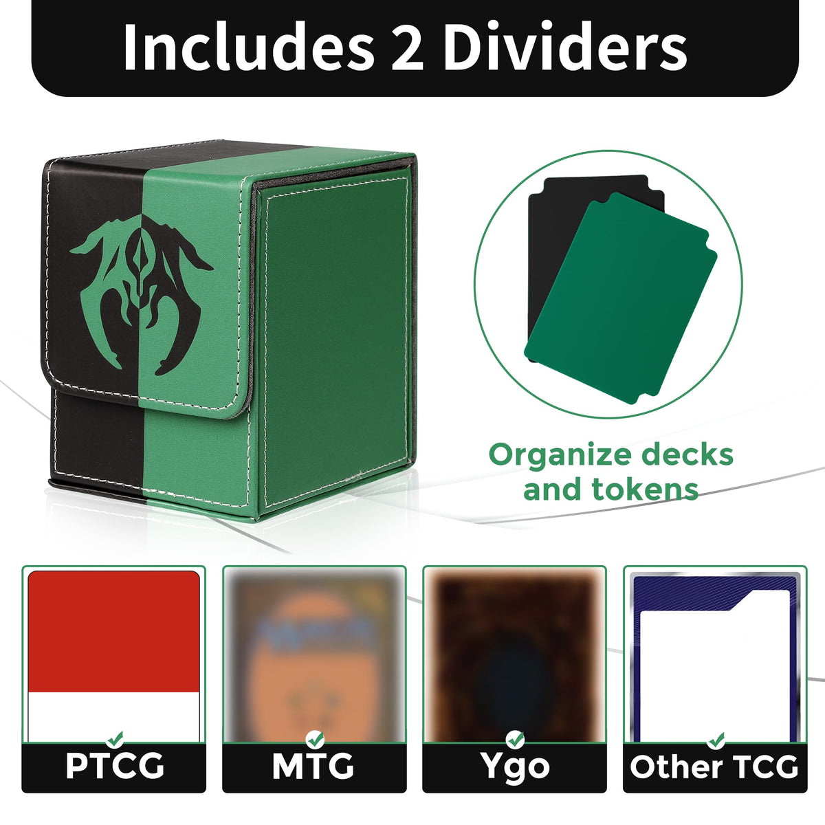 Zettokete Magnetic Card Deck Box – 100+ Double-Sleeved Capacity, 2 Dividers, PU Leather, MTG Commander Fits (Black/Green)