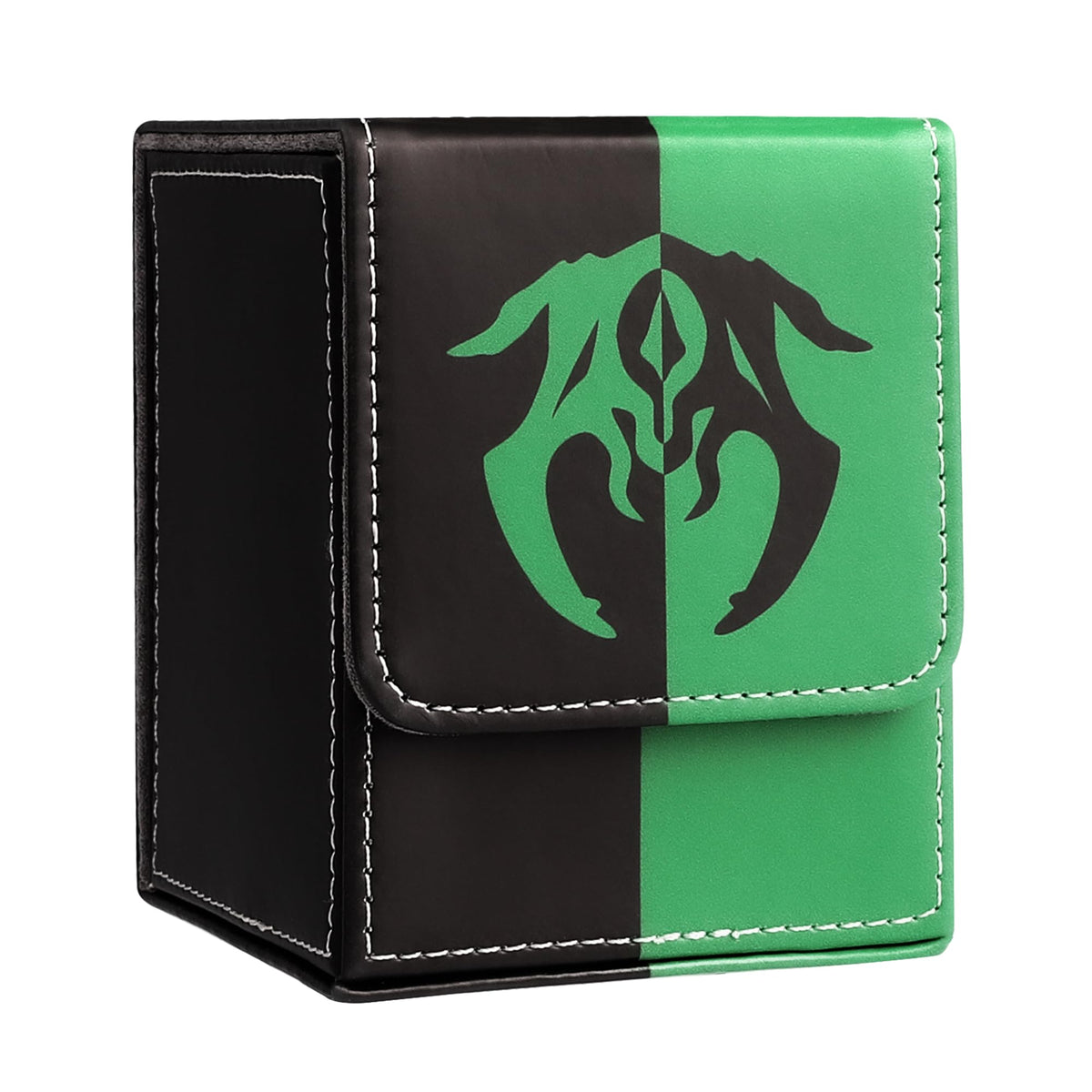 Zettokete Magnetic Card Deck Box – 100+ Double-Sleeved Capacity, 2 Dividers, PU Leather, MTG Commander Fits (Black/Green)