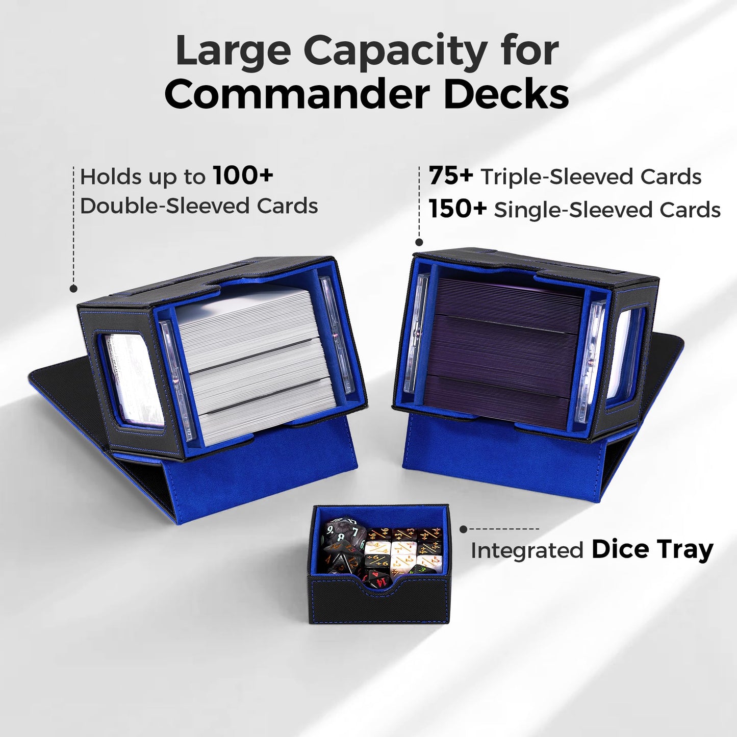 Zettokete MTG Commander Deck Box – Patented Dual Display Windows, 100+ Sleeved, Dice Tray (Black/Blue)
