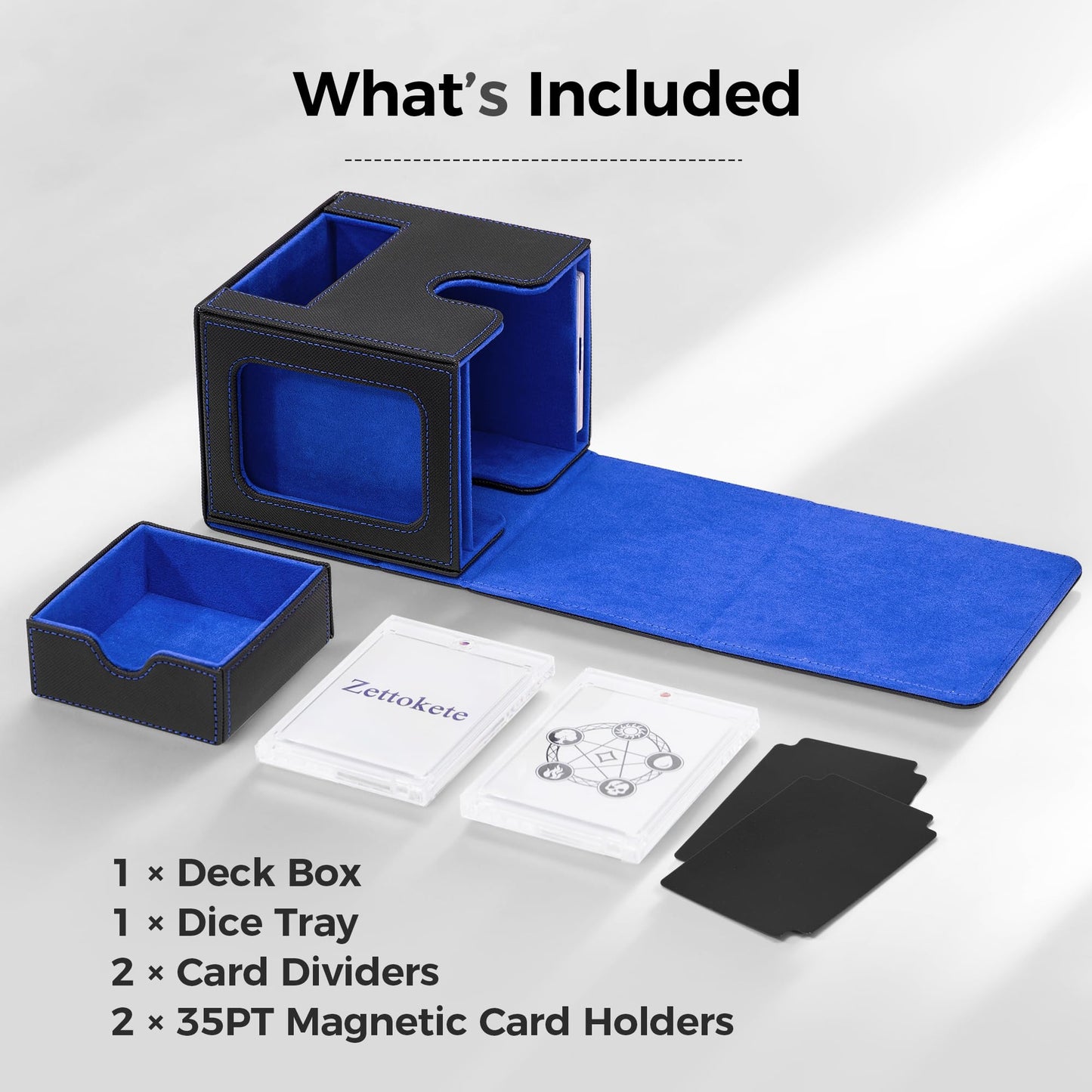 Zettokete MTG Commander Deck Box – Patented Dual Display Windows, 100+ Sleeved, Dice Tray (Black/Blue)