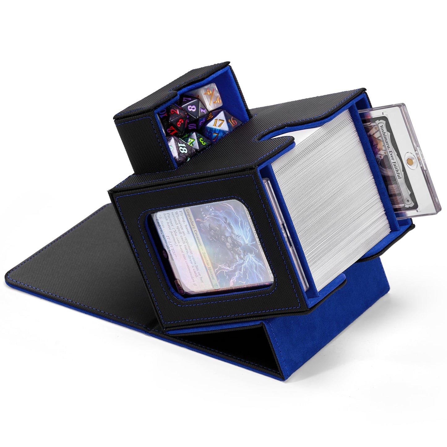 Zettokete MTG Commander Deck Box – Patented Dual Display Windows, 100+ Sleeved, Dice Tray (Black/Blue)