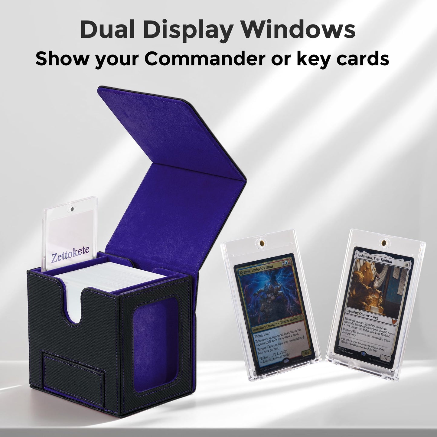 Zettokete MTG Commander Deck Box – Patented Dual Display Windows, 100+ Cards, Dice Tray