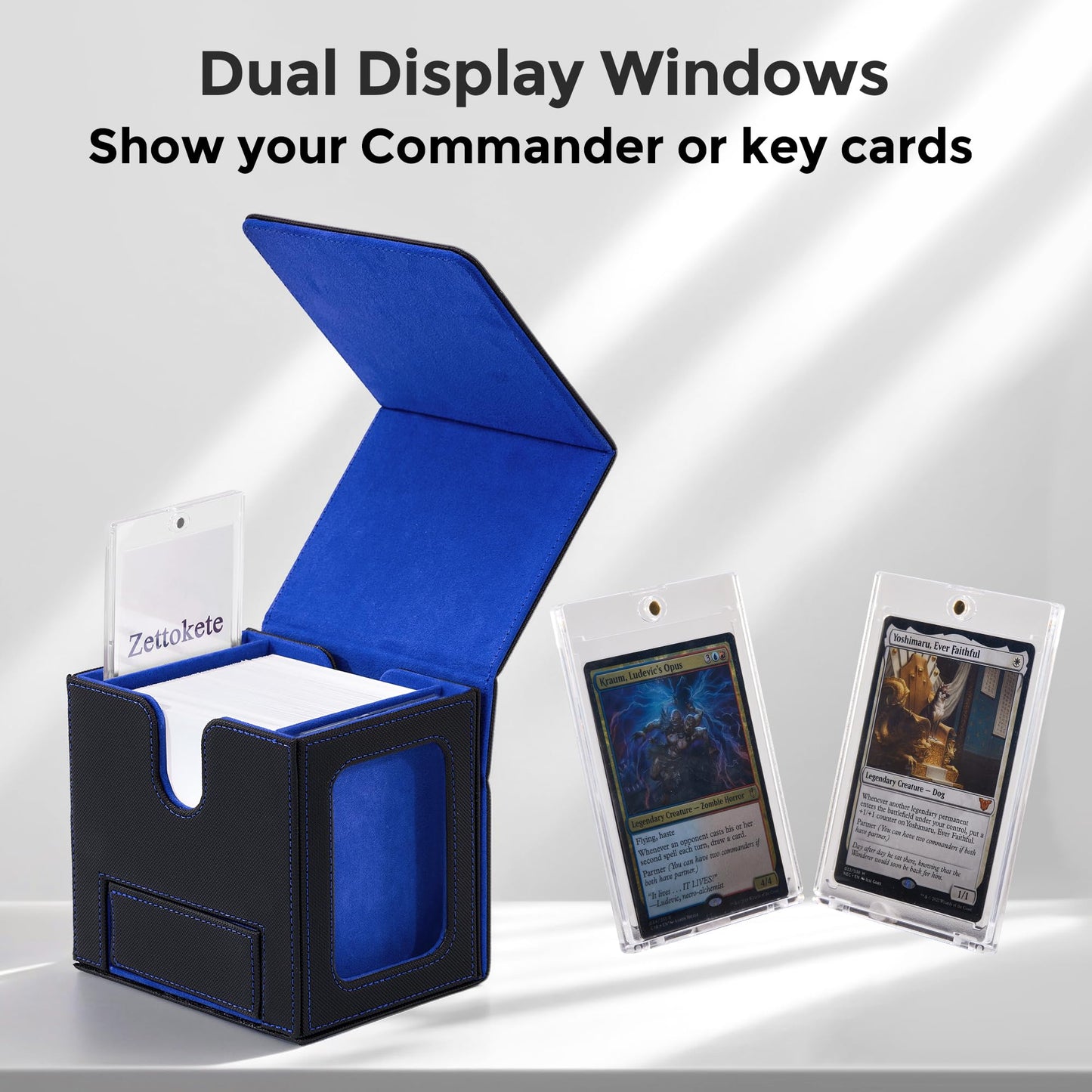 Zettokete MTG Commander Deck Box – Patented Dual Display Windows, 100+ Sleeved, Dice Tray (Black/Blue)