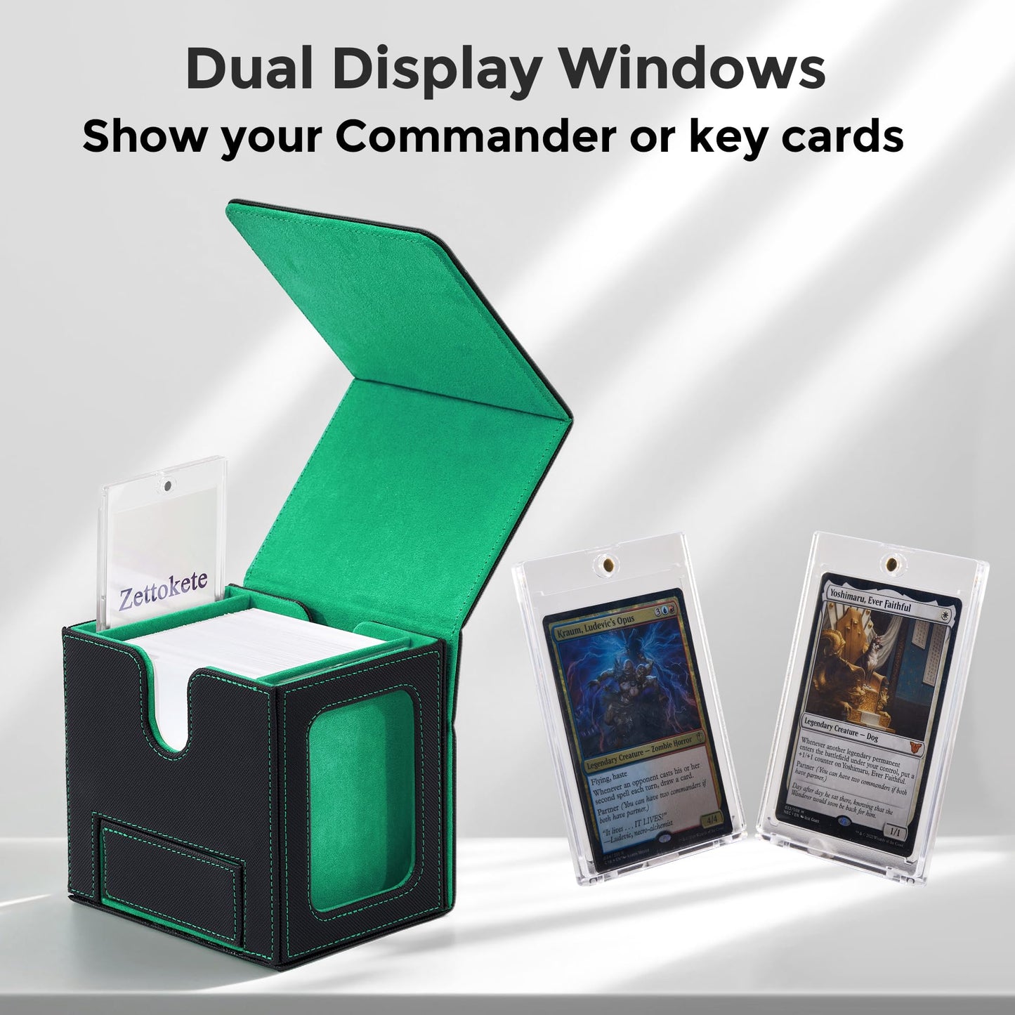 Zettokete MTG Commander Deck Box – Patented Dual Display Windows, 100+ Card Capacity, Dice Tray