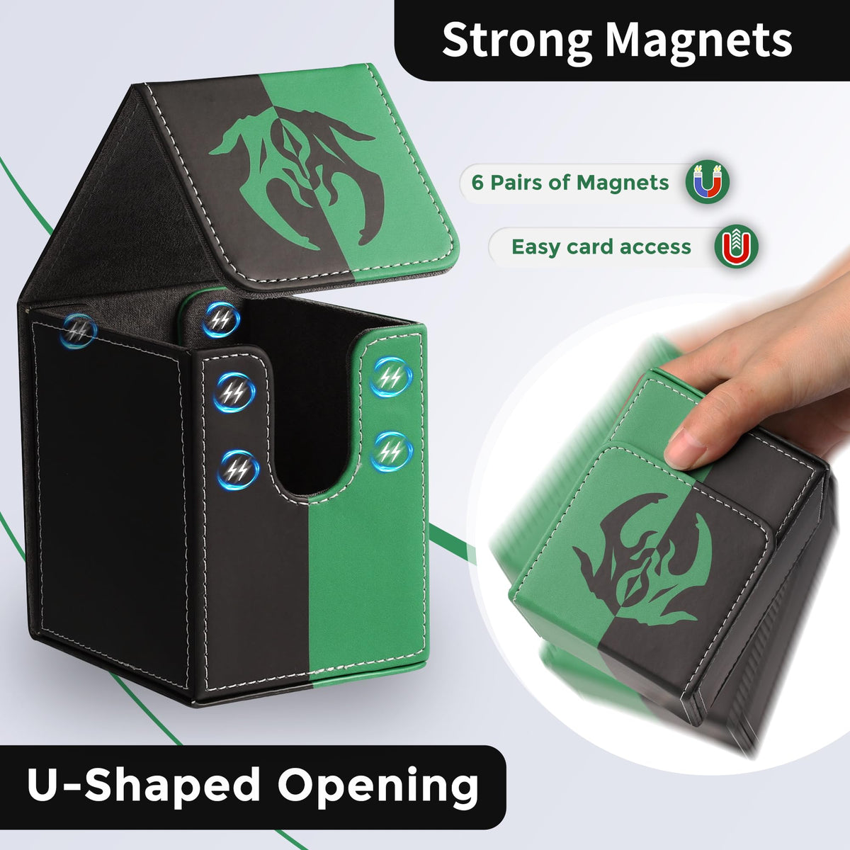 Zettokete Magnetic Card Deck Box – 100+ Double-Sleeved Capacity, 2 Dividers, PU Leather, MTG Commander Fits (Black/Green)