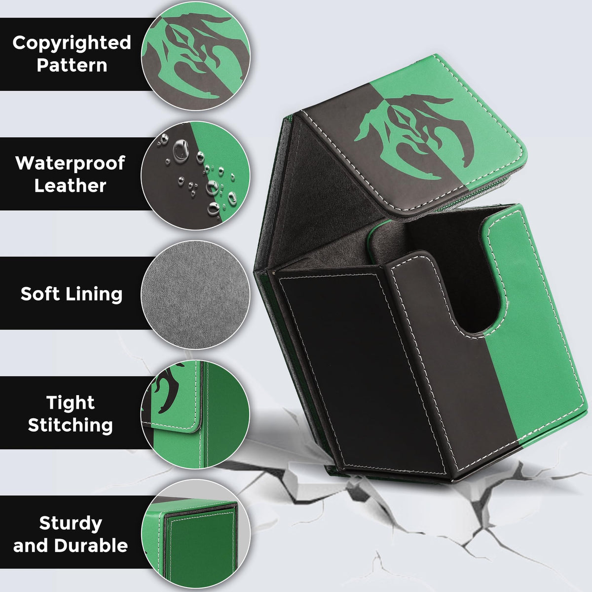 Zettokete Magnetic Card Deck Box – 100+ Double-Sleeved Capacity, 2 Dividers, PU Leather, MTG Commander Fits (Black/Green)