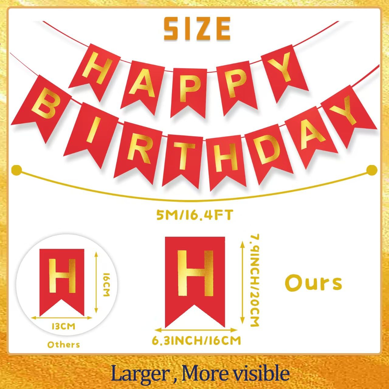 ZGIMI Red Happy Birthday Banner – 16 ft Pre-Strung Gold & Red Party Decoration for Indoor & Outdoor Celebrations