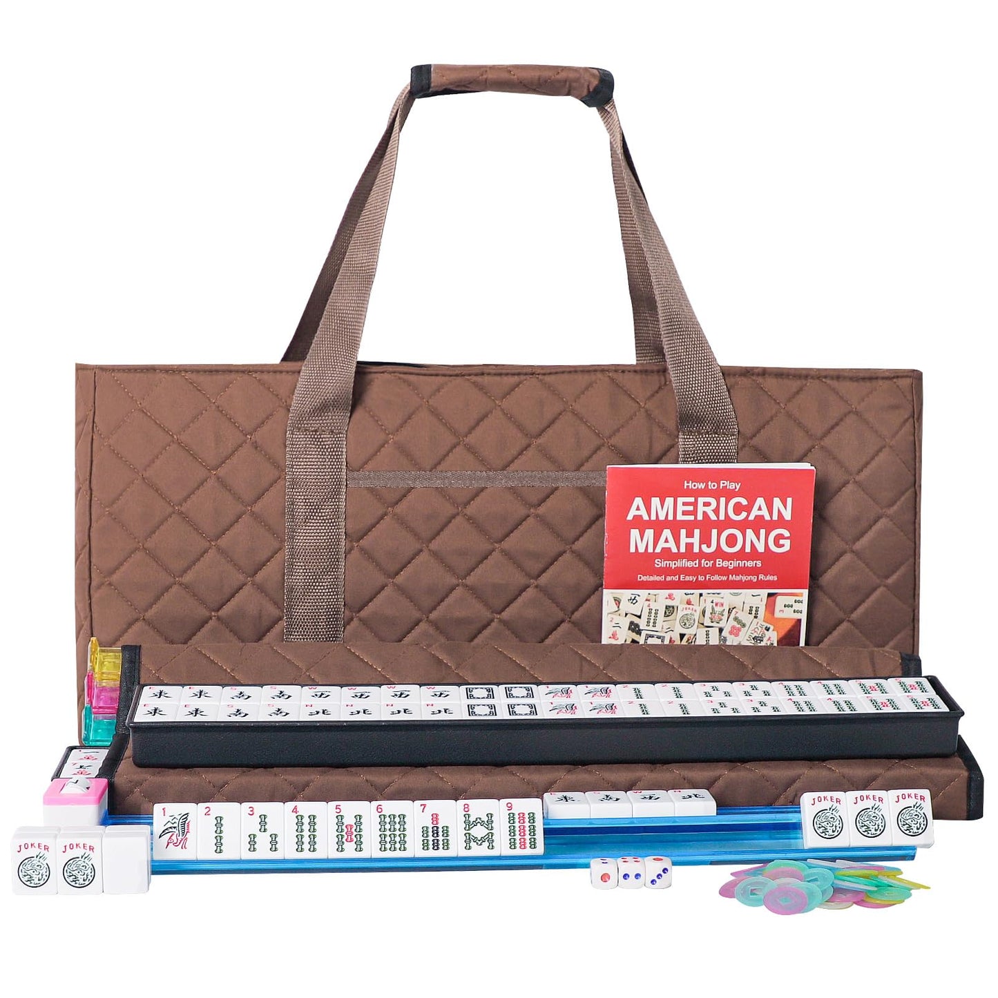 ZGME American Mahjong Set — 166 Tiles, Brown Bag, 4 All-In-One Pushers & Racks