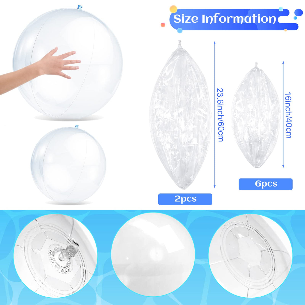 Zhanmai 8 Pcs Inflatable Clear Beach Balls – 16" & 24" for Beach & Pool Parties