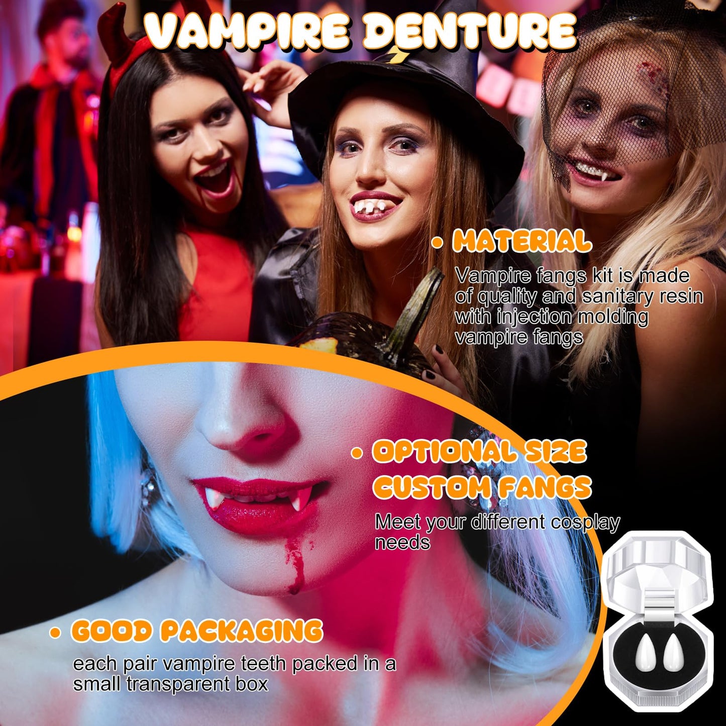 Zhanmai Vampire Fangs Kit – 4 Pairs with Adhesive (15/17/19 mm)